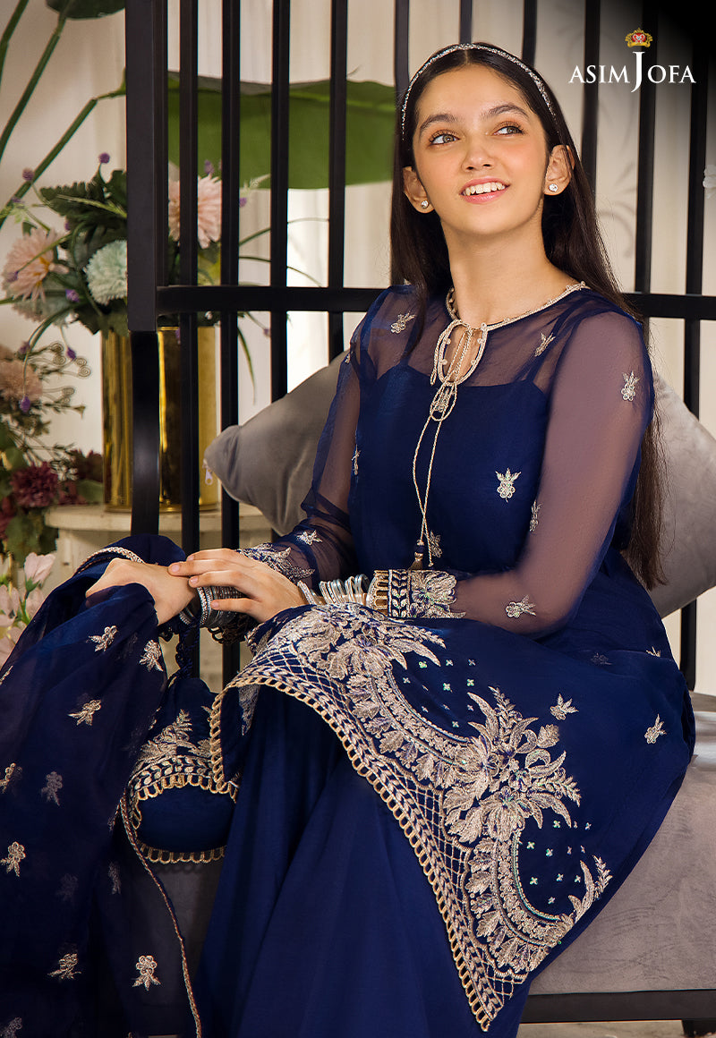 Pakistani Dark Blue Zari Sequin Organza Salwar Kameez (3-Piece) - Image 8