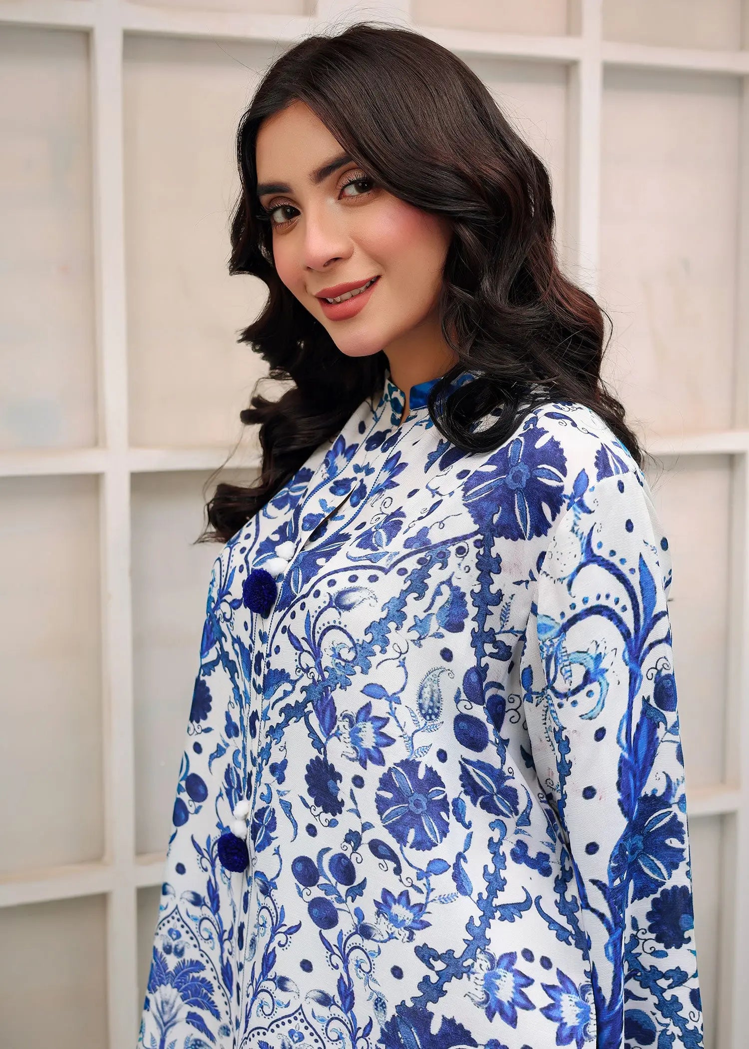 Pakistani Blue & White Printed PK Raw Silk Coord Set (2-Piece) - Image 3