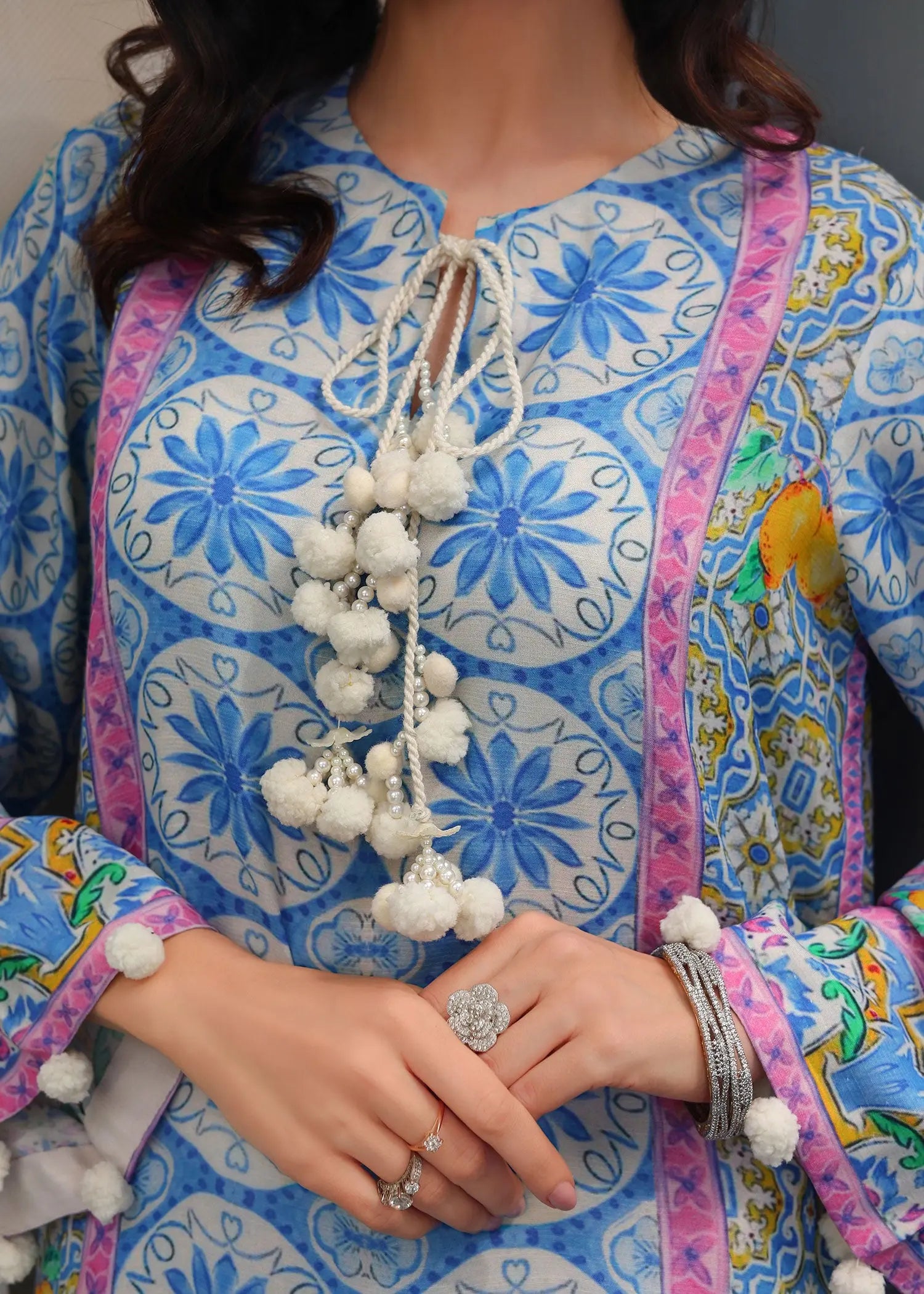 Pakistani Blue Printed PK Raw Silk Salwar Kameez (2-Piece) - Image 3