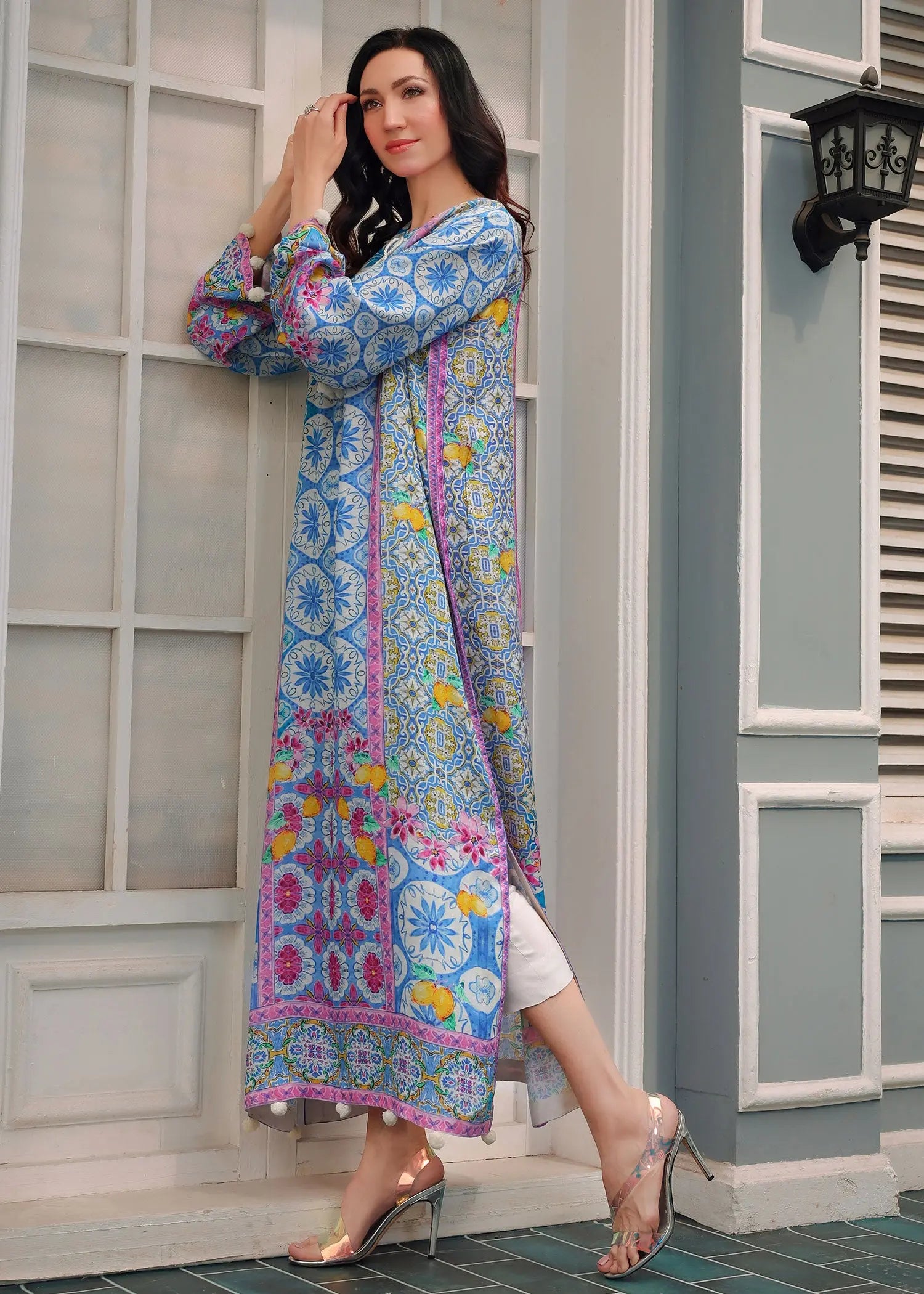 Pakistani Blue Printed PK Raw Silk Salwar Kameez (2-Piece) - Image 4