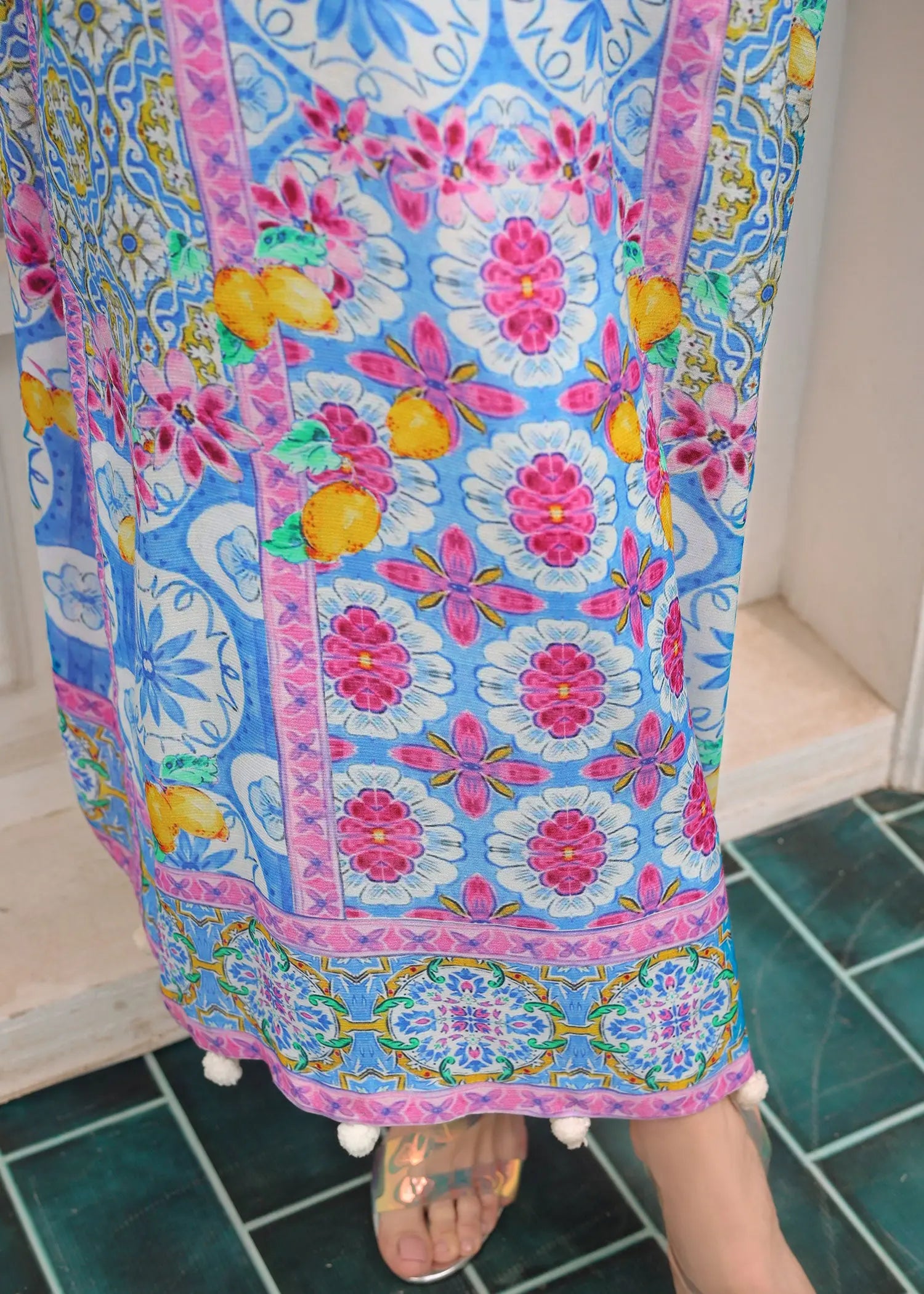 Pakistani Blue Printed PK Raw Silk Salwar Kameez (2-Piece) - Image 5