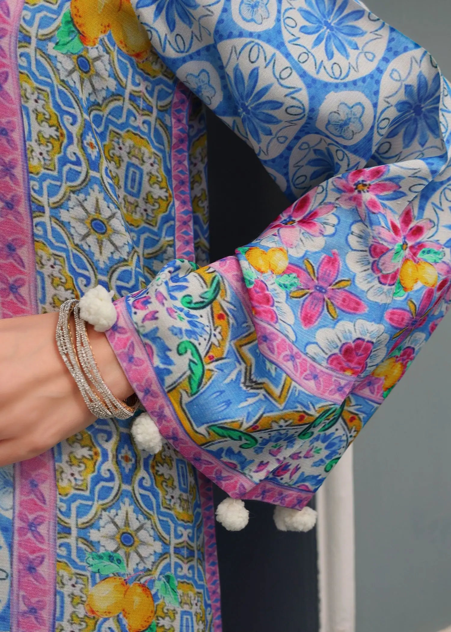 Pakistani Blue Printed PK Raw Silk Salwar Kameez (2-Piece) - Image 6