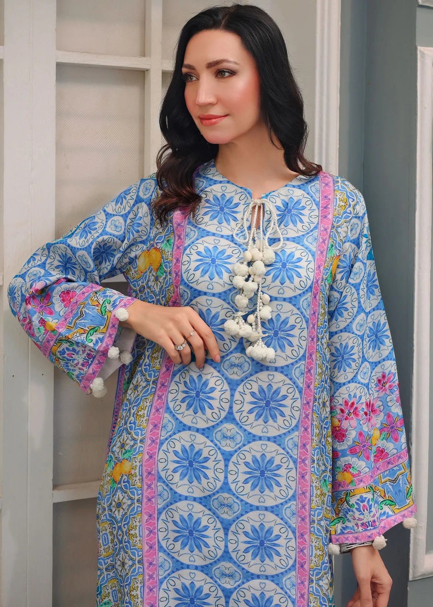 Pakistani Blue Printed PK Raw Silk Salwar Kameez (2-Piece) - Image 9
