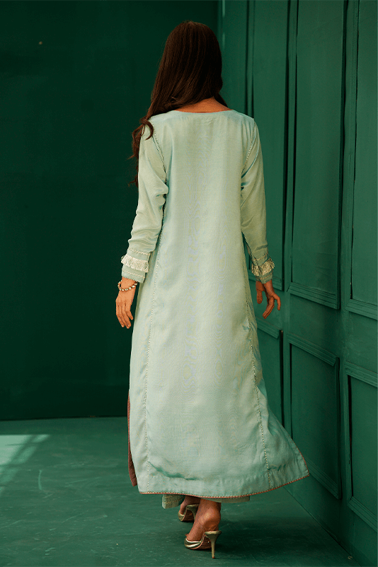 Pakistani Ocean Blue Hand Embroidered PK Raw Silk Salwar Kameez (2-Piece) - Image 1