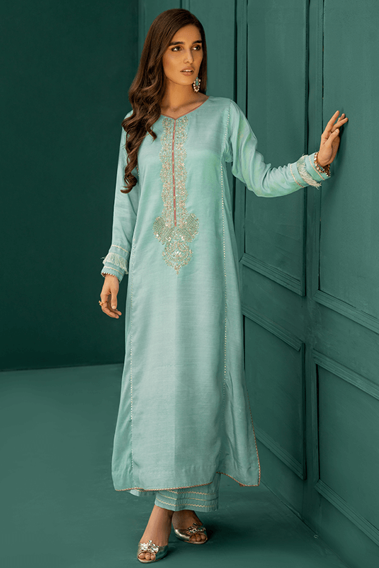 Pakistani Ocean Blue Hand Embroidered PK Raw Silk Salwar Kameez (2-Piece) - Image 2