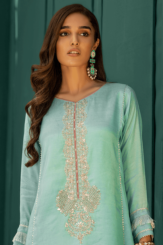 Pakistani Ocean Blue Hand Embroidered PK Raw Silk Salwar Kameez (2-Piece) - Image 3
