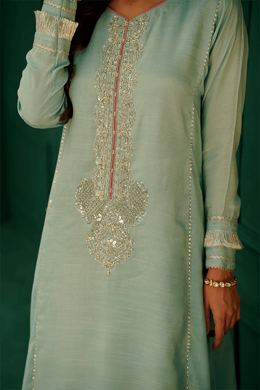 Pakistani Ocean Blue Hand Embroidered PK Raw Silk Salwar Kameez (2-Piece) - Image 4