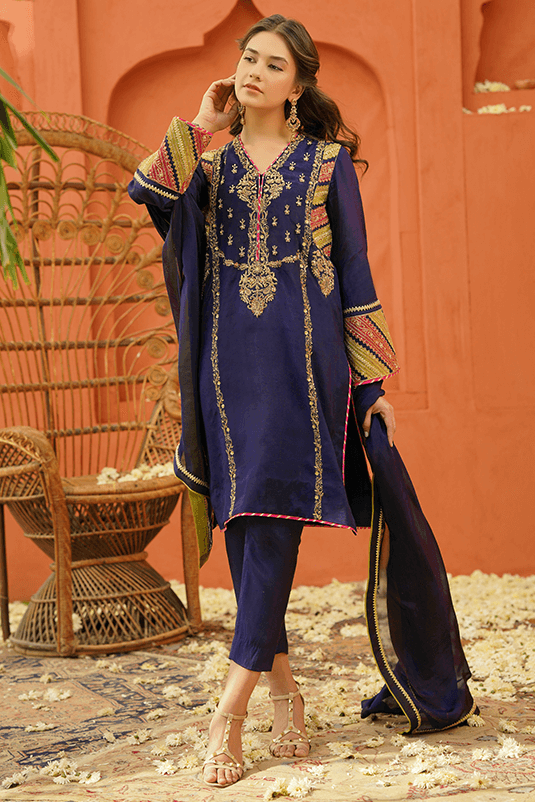 Deep Blue Hand Embroidered PK Raw Silk Kurta Set (3-Piece) - Image 2
