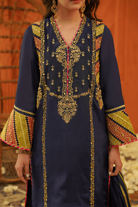 Deep Blue Hand Embroidered PK Raw Silk Kurta Set (3-Piece) - Image 3