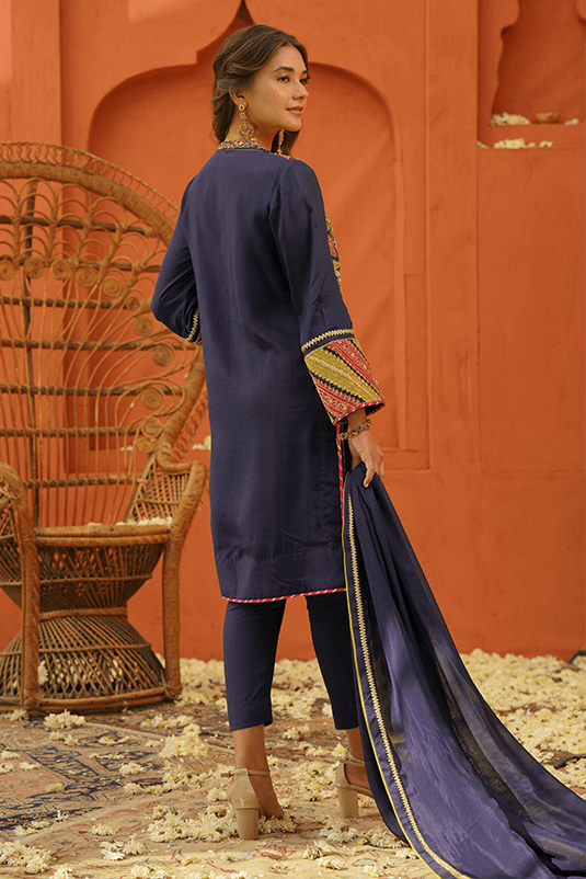 Deep Blue Hand Embroidered PK Raw Silk Kurta Set (3-Piece) - Image 4