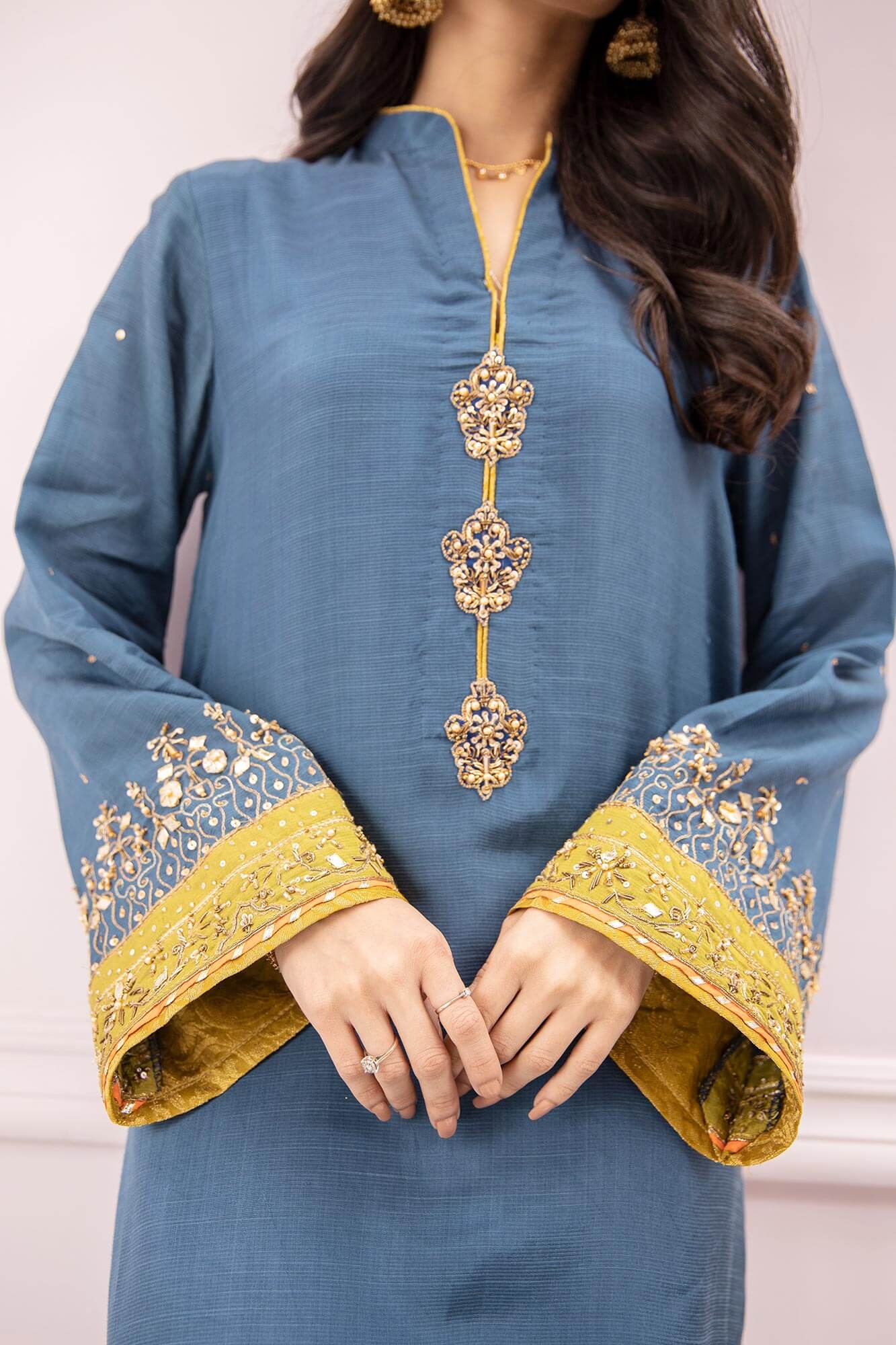 Pakistani Blue Kora Gota PK Raw Silk Straight Shirt (2-Piece) - Image 1
