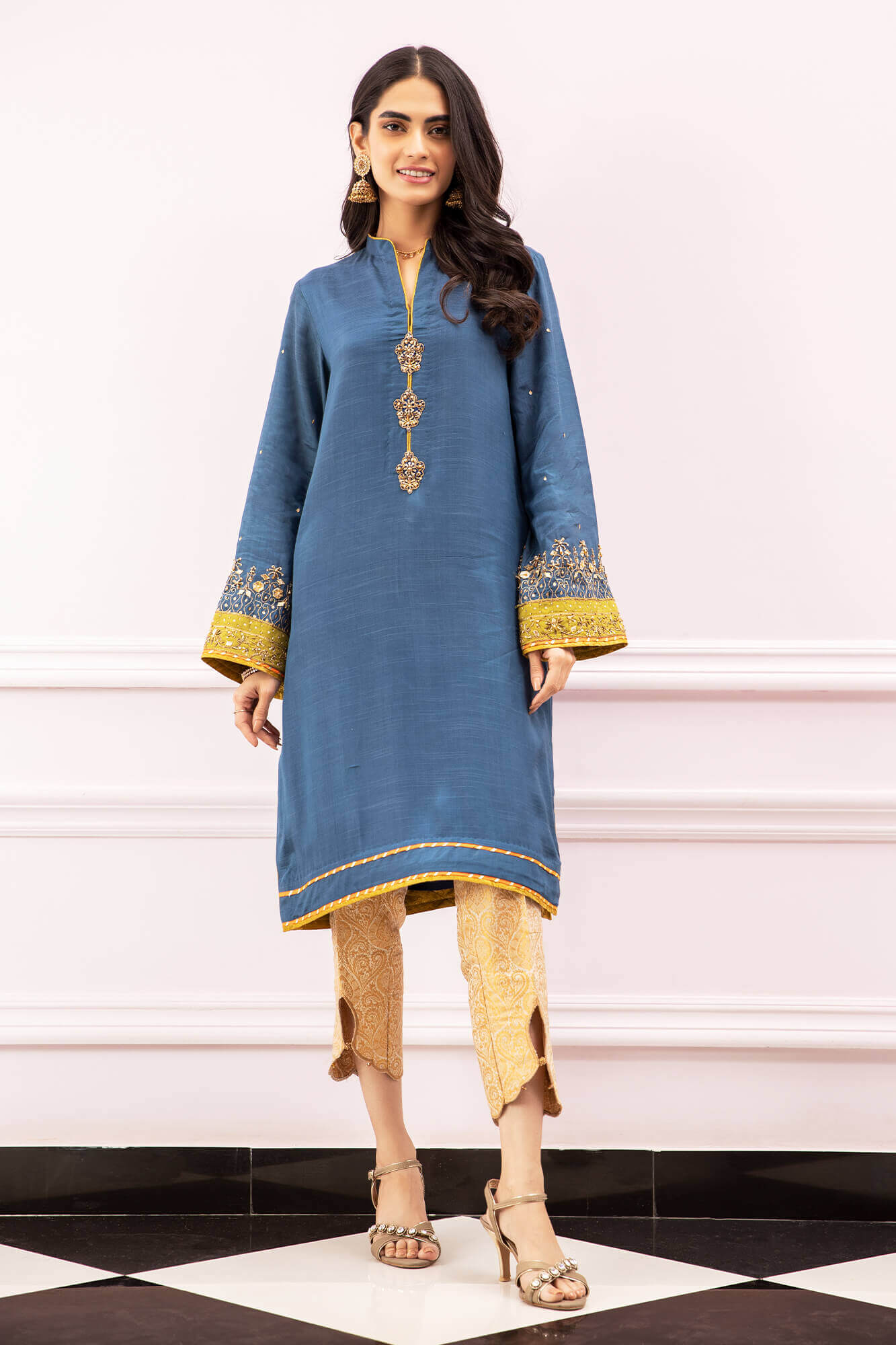 Pakistani Blue Kora Gota PK Raw Silk Straight Shirt (2-Piece) - Image 2