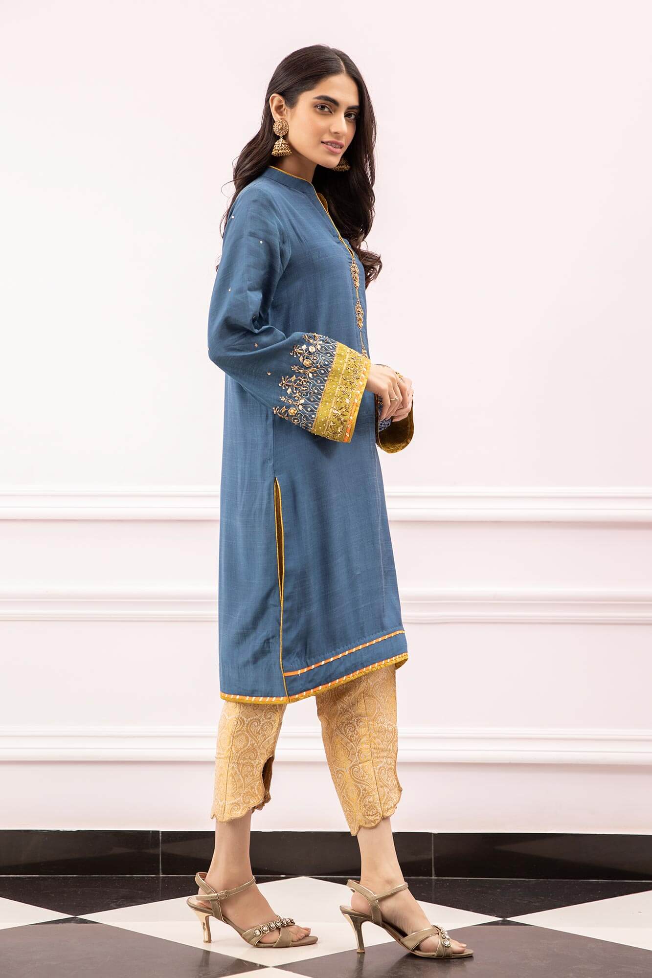 Pakistani Blue Kora Gota PK Raw Silk Straight Shirt (2-Piece) - Image 3