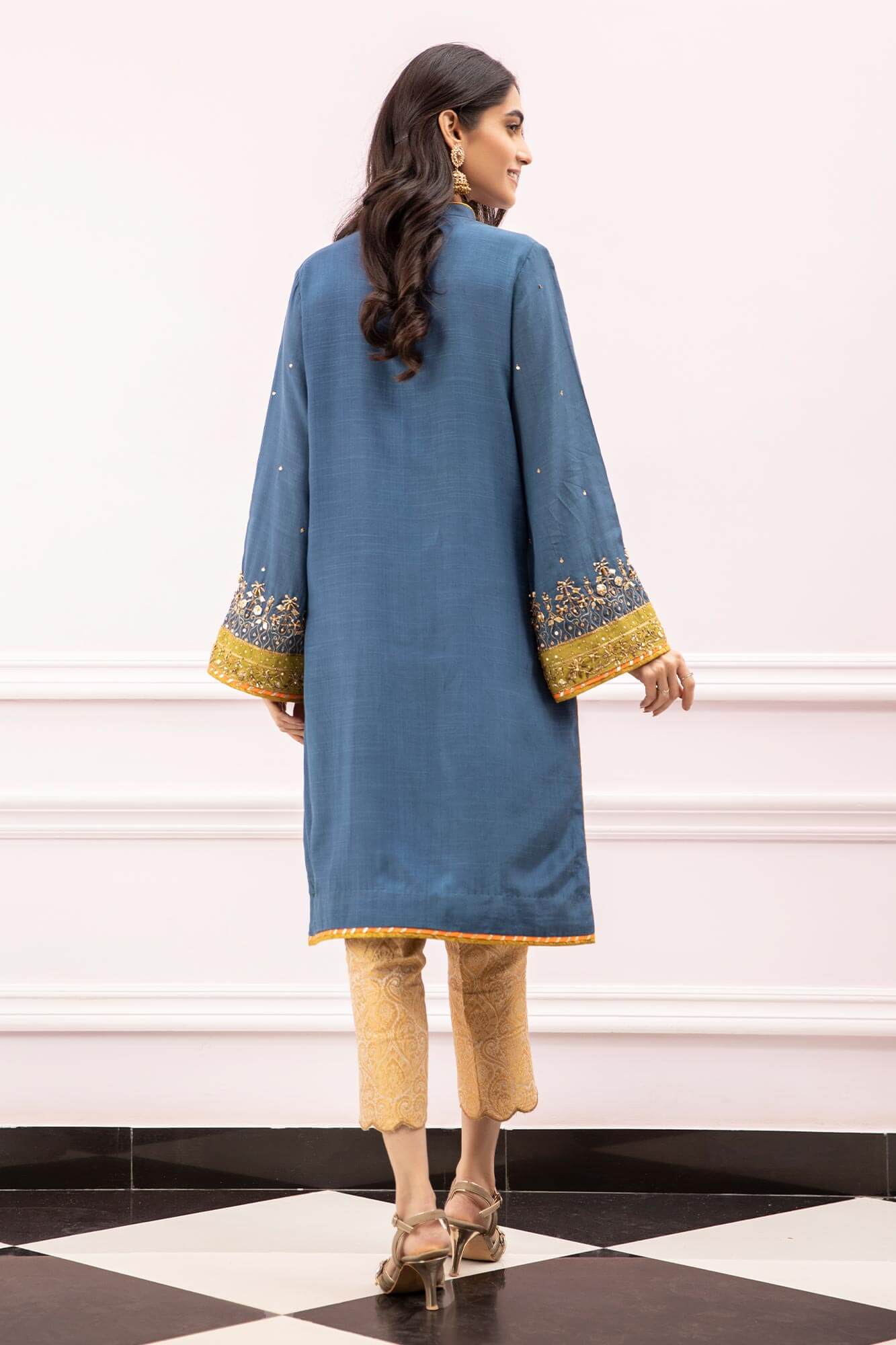 Pakistani Blue Kora Gota PK Raw Silk Straight Shirt (2-Piece) - Image 4