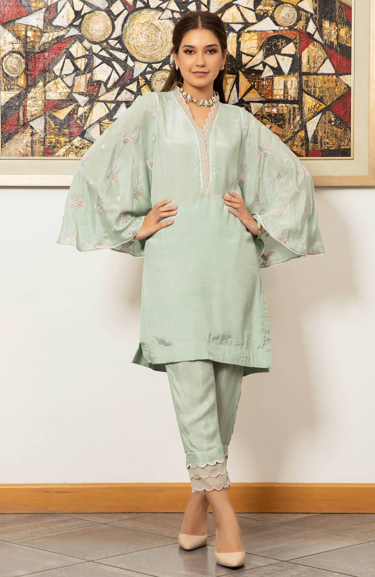 Ice Blue Embroidered PK Raw Silk Salwar Kameez (2-Piece) - Image 4