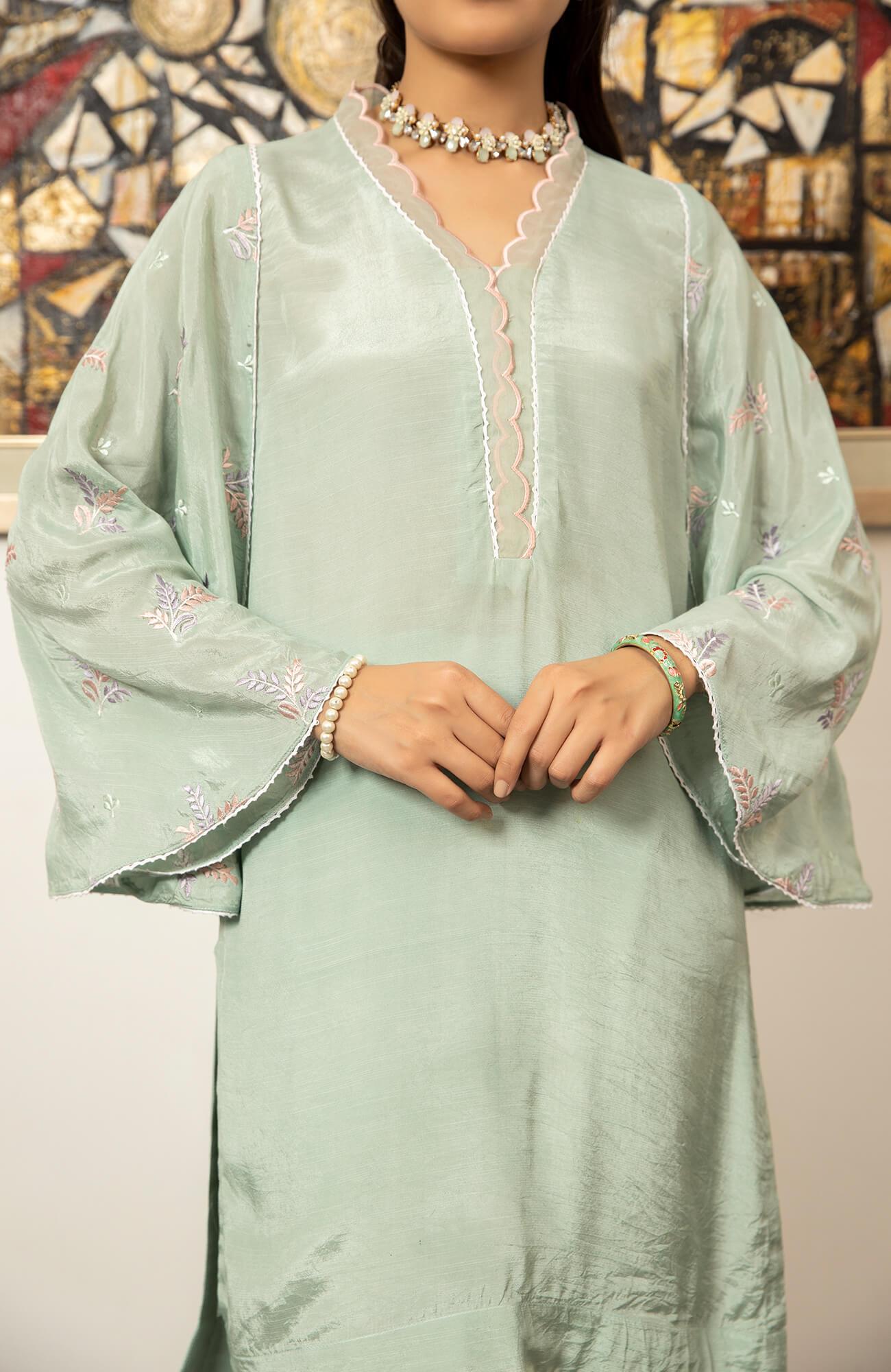Ice Blue Embroidered PK Raw Silk Salwar Kameez (2-Piece) - Image 5