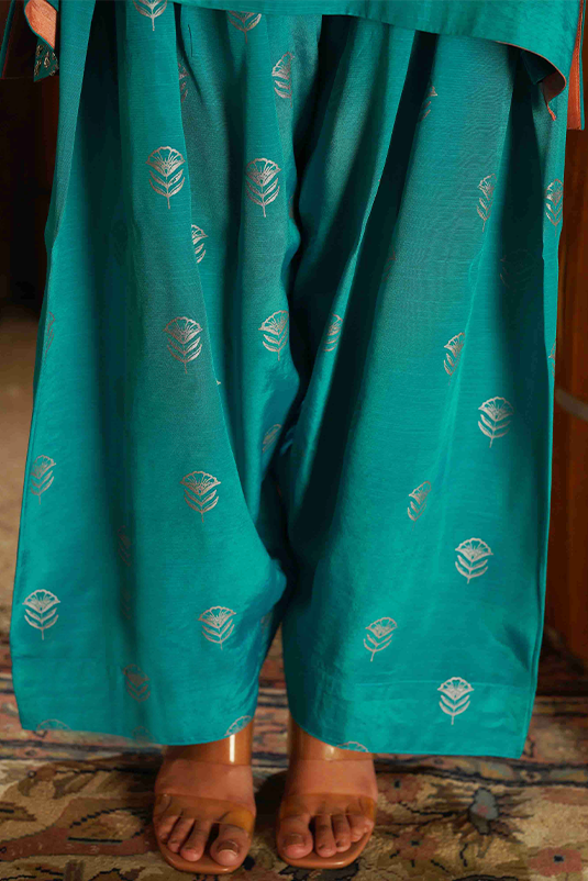 Pakistani Aqua Blue Zardozi PK Raw Silk Salwar Kameez (3-Piece) - Image 1