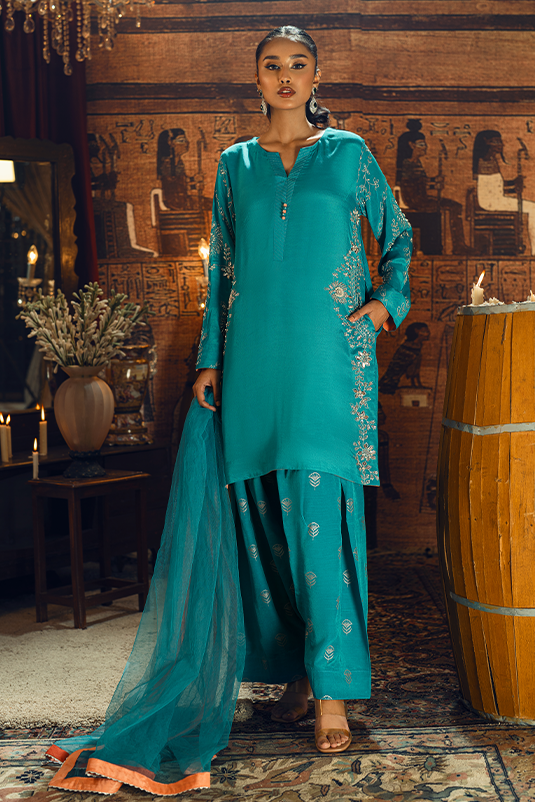 Pakistani Aqua Blue Zardozi PK Raw Silk Salwar Kameez (3-Piece) - Image 2