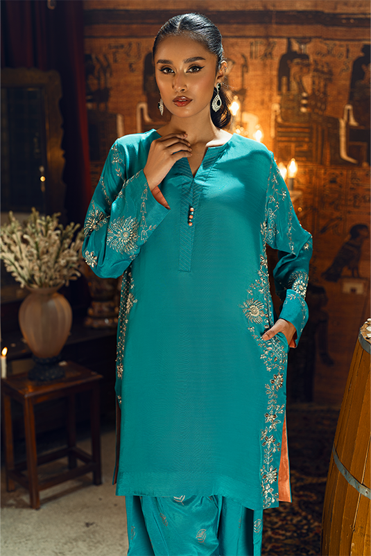 Pakistani Aqua Blue Zardozi PK Raw Silk Salwar Kameez (3-Piece) - Image 3