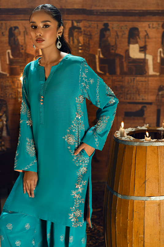 Pakistani Aqua Blue Zardozi PK Raw Silk Salwar Kameez (3-Piece) - Image 4
