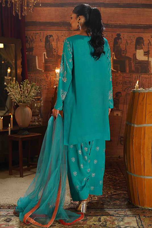 Pakistani Aqua Blue Zardozi PK Raw Silk Salwar Kameez (3-Piece) - Image 5