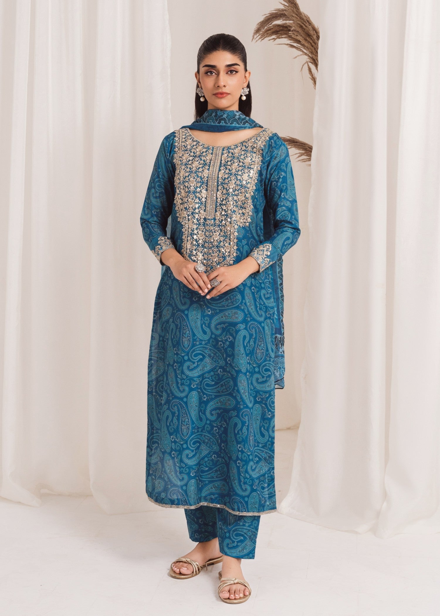 Sky Blue Embroidered Poly Lawn Kurta Set (3-Piece) - Image 1