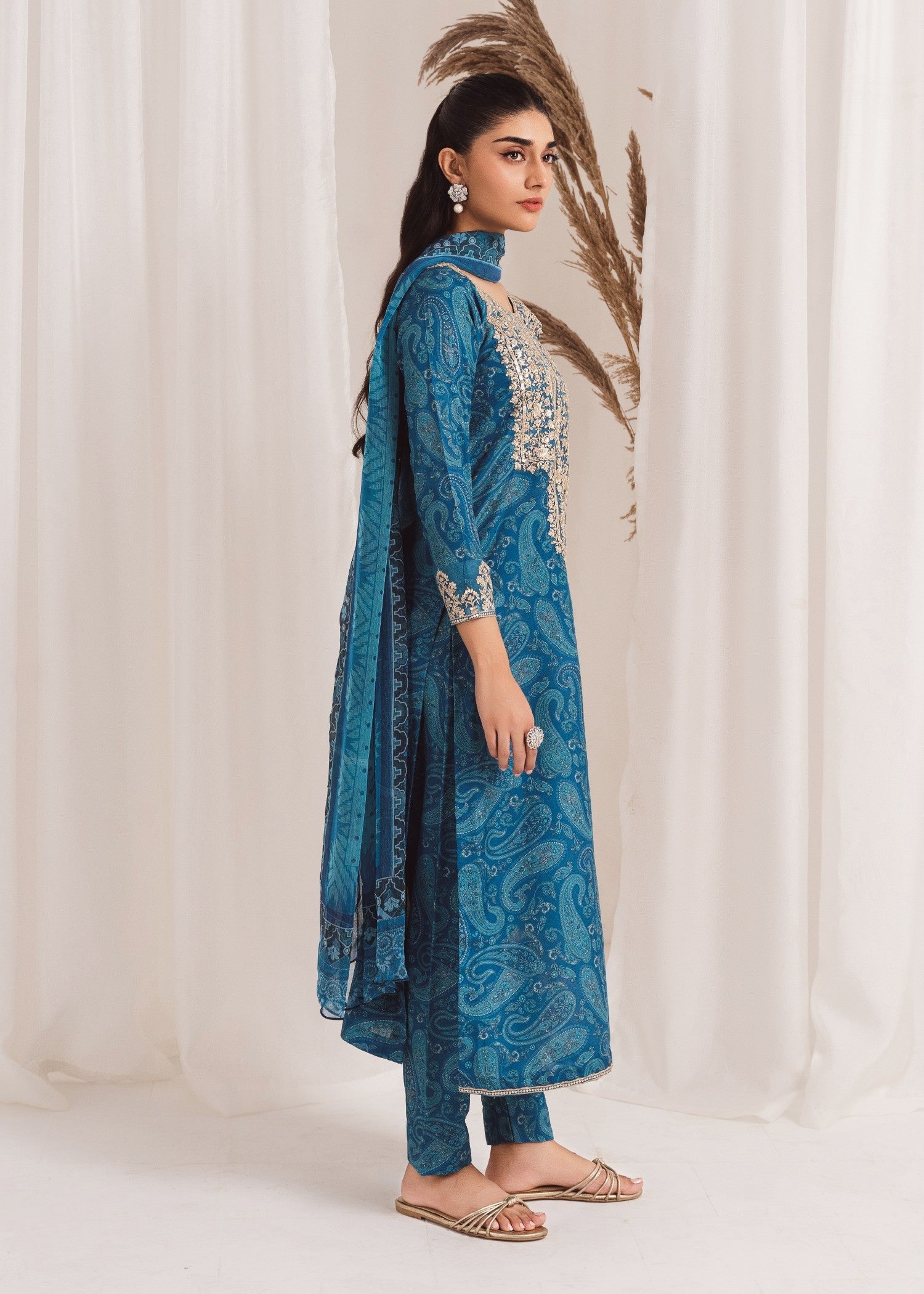 Sky Blue Embroidered Poly Lawn Kurta Set (3-Piece) - Image 2