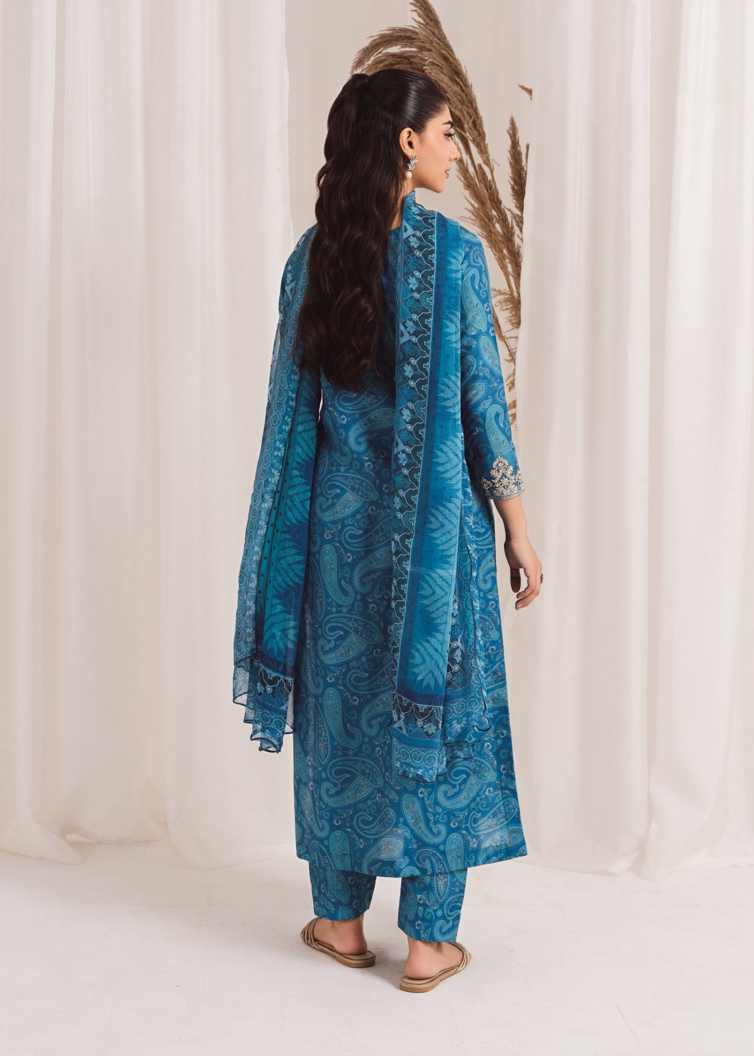 Sky Blue Embroidered Poly Lawn Kurta Set (3-Piece) - Image 3