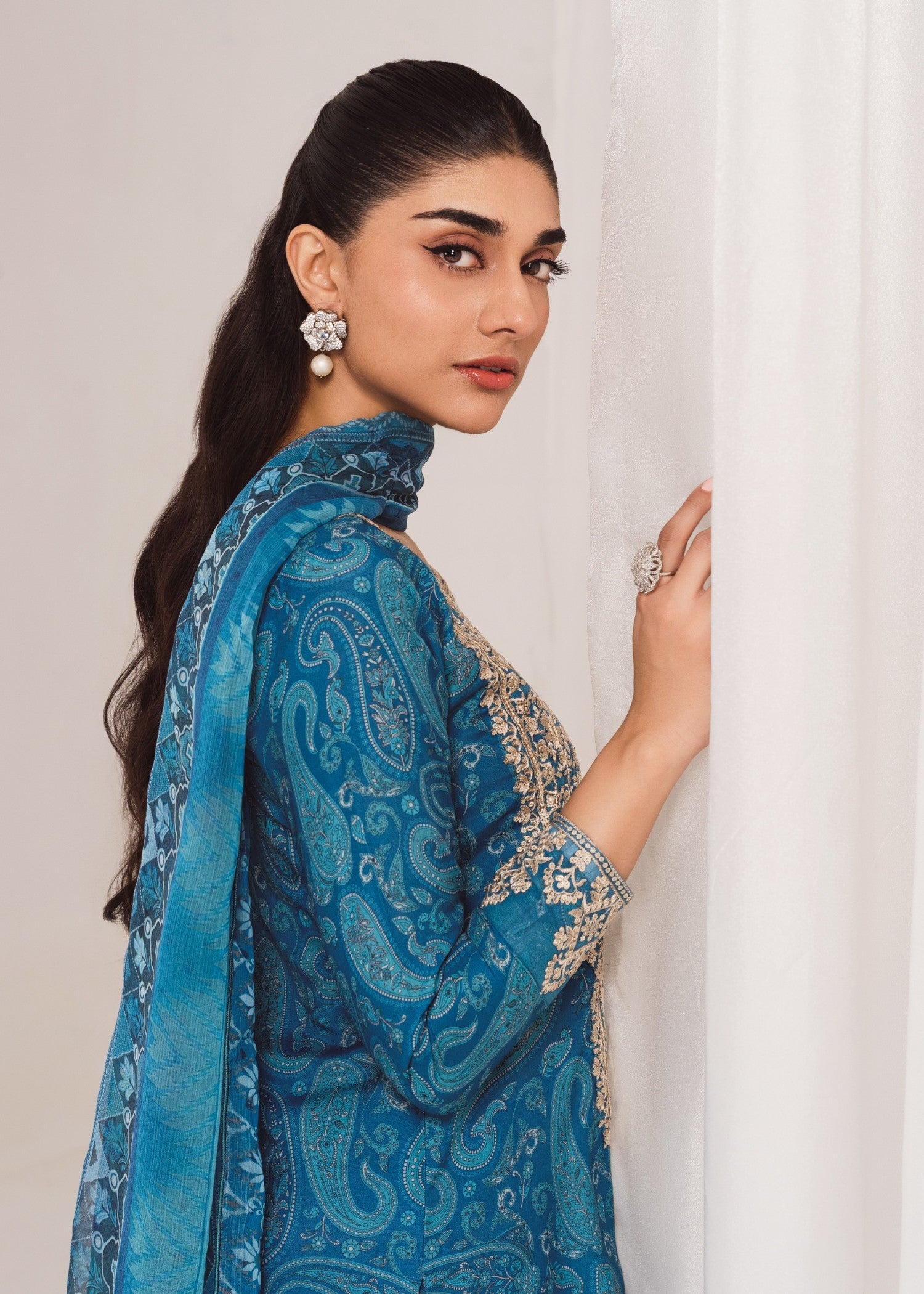 Sky Blue Embroidered Poly Lawn Kurta Set (3-Piece) - Image 4