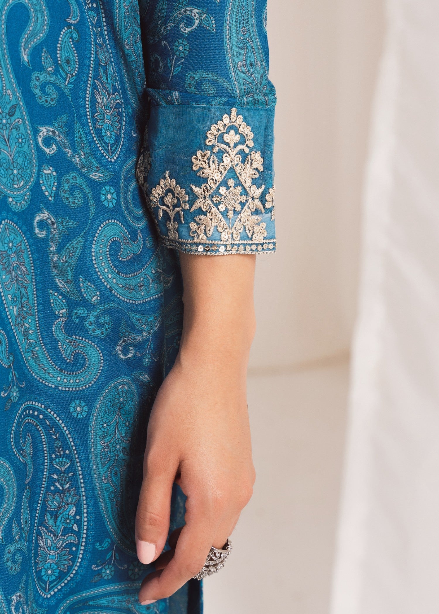 Sky Blue Embroidered Poly Lawn Kurta Set (3-Piece) - Image 7