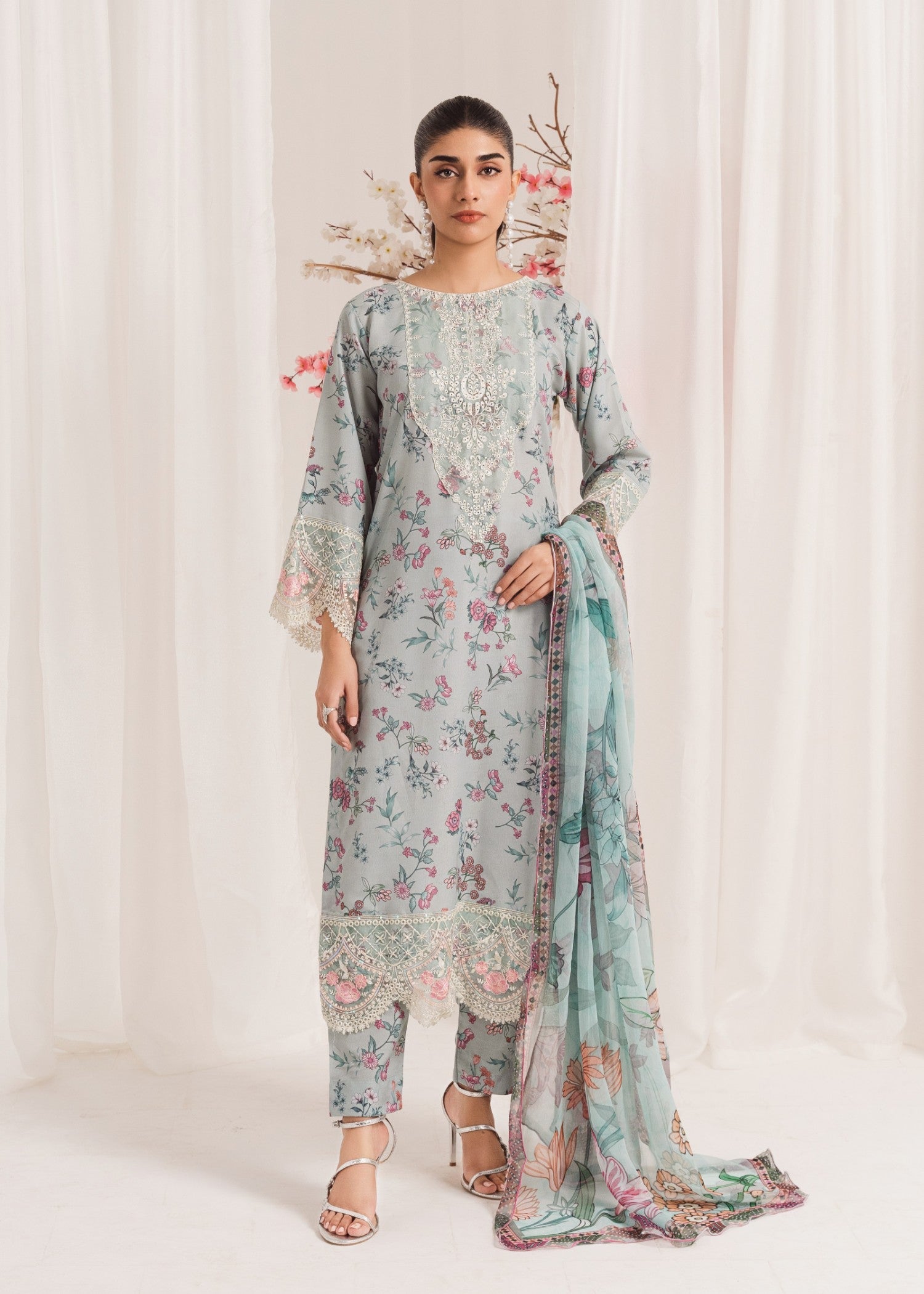 Pakistani Ice Blue Embroidered Poly Lawn Kurta Set (3-Piece) - Image 1