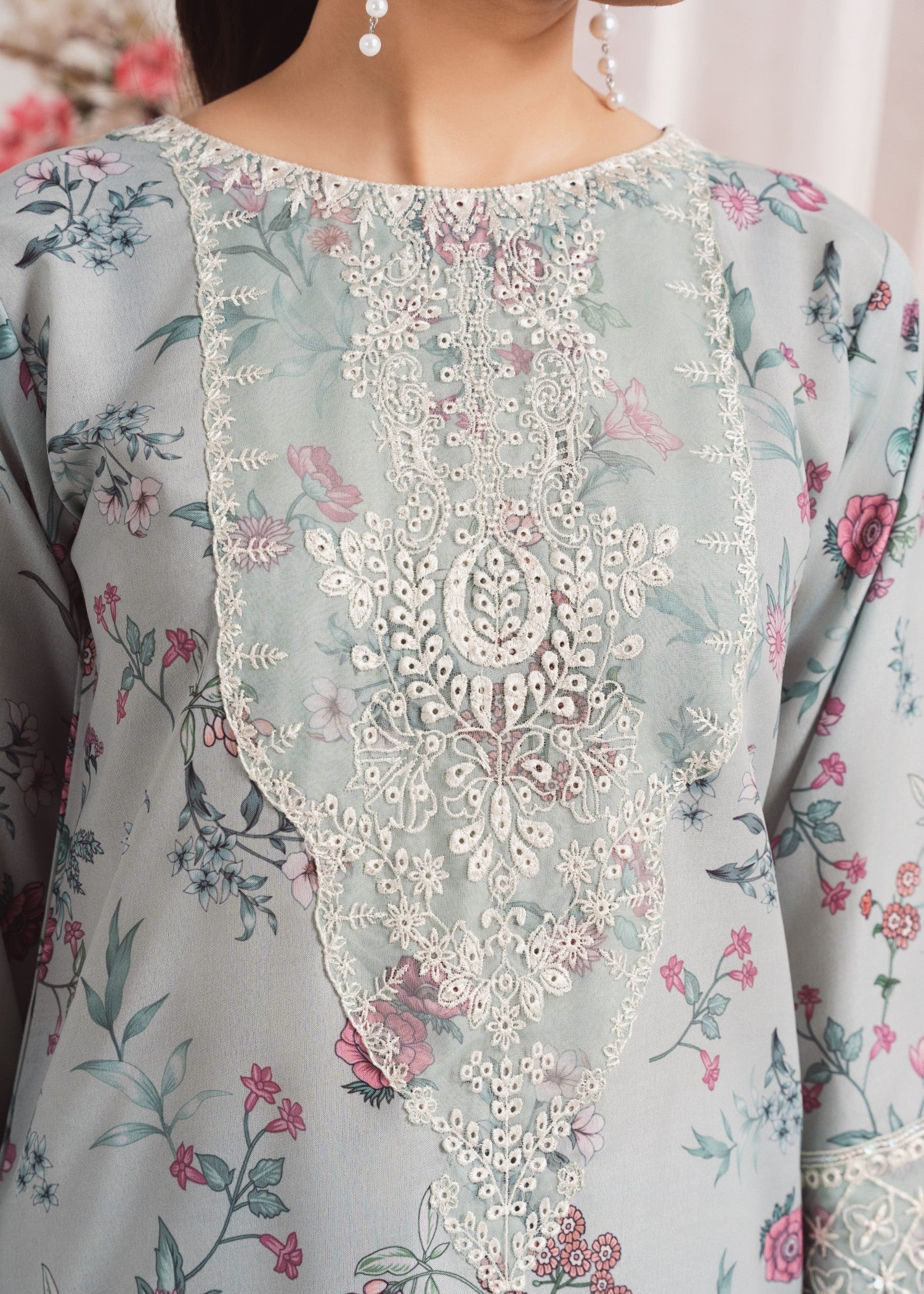 Pakistani Ice Blue Embroidered Poly Lawn Kurta Set (3-Piece) - Image 5