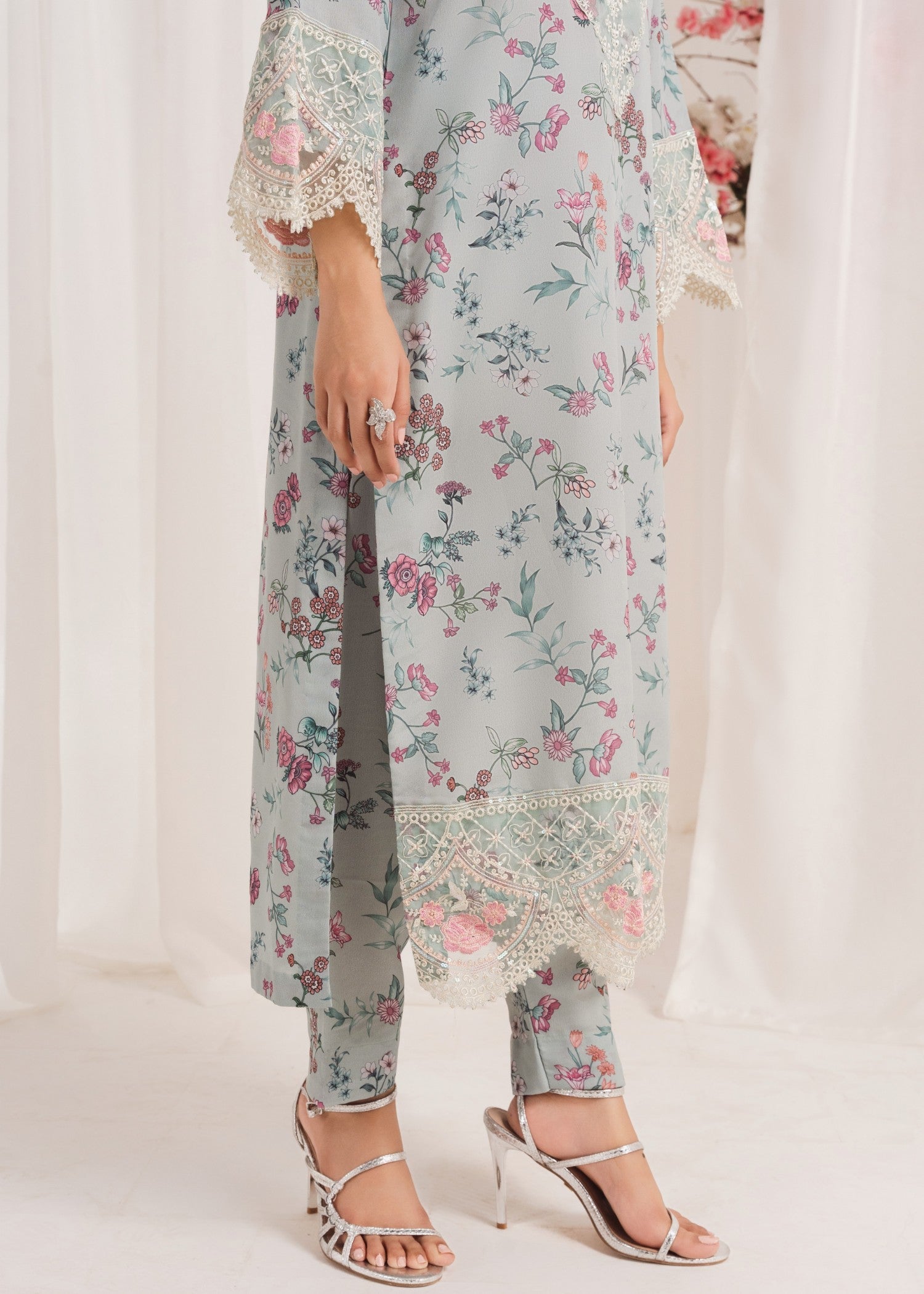 Pakistani Ice Blue Embroidered Poly Lawn Kurta Set (3-Piece) - Image 7