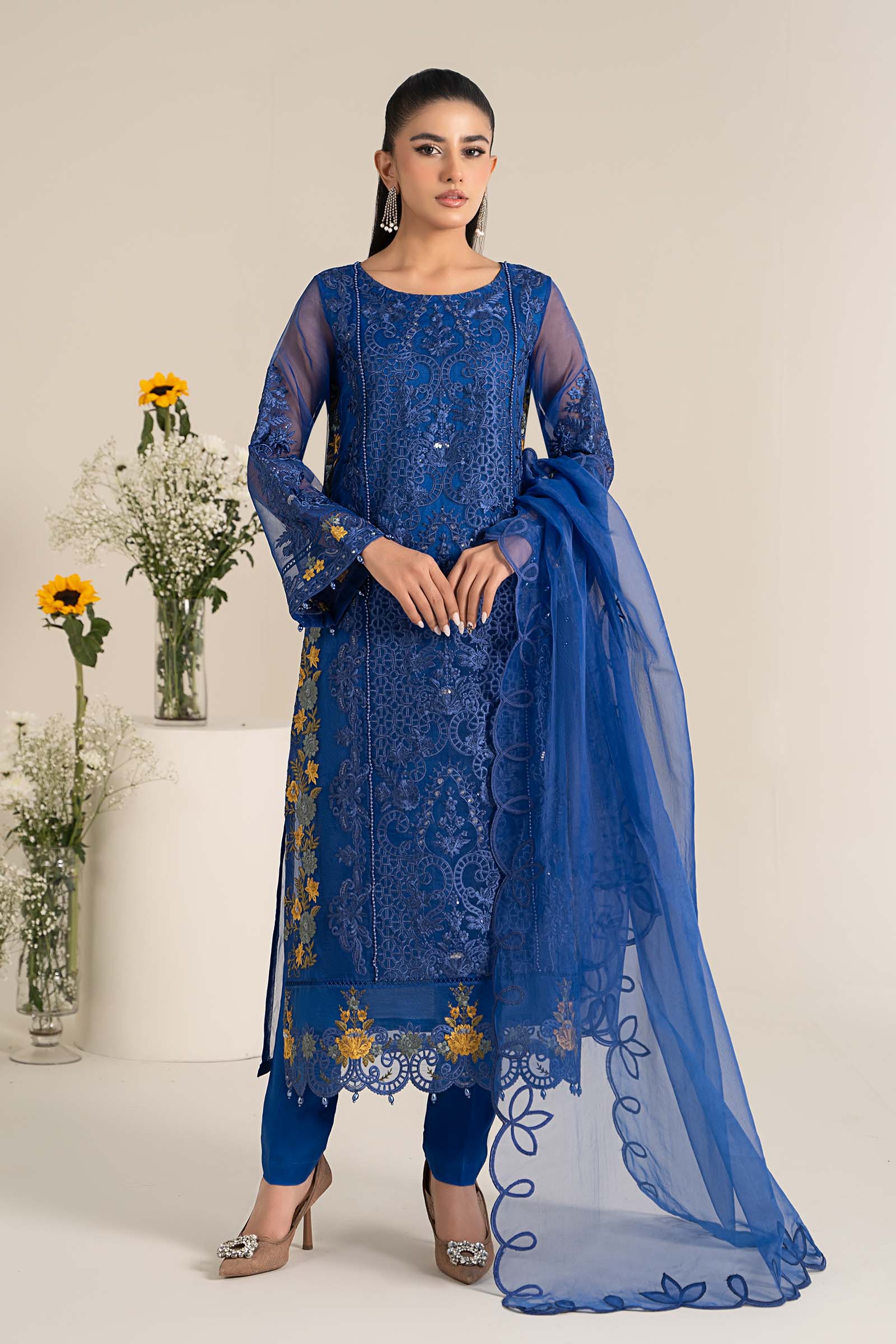 Pakistani Blue Embroidered Poly Organza 3-Piece Suit - Image 1