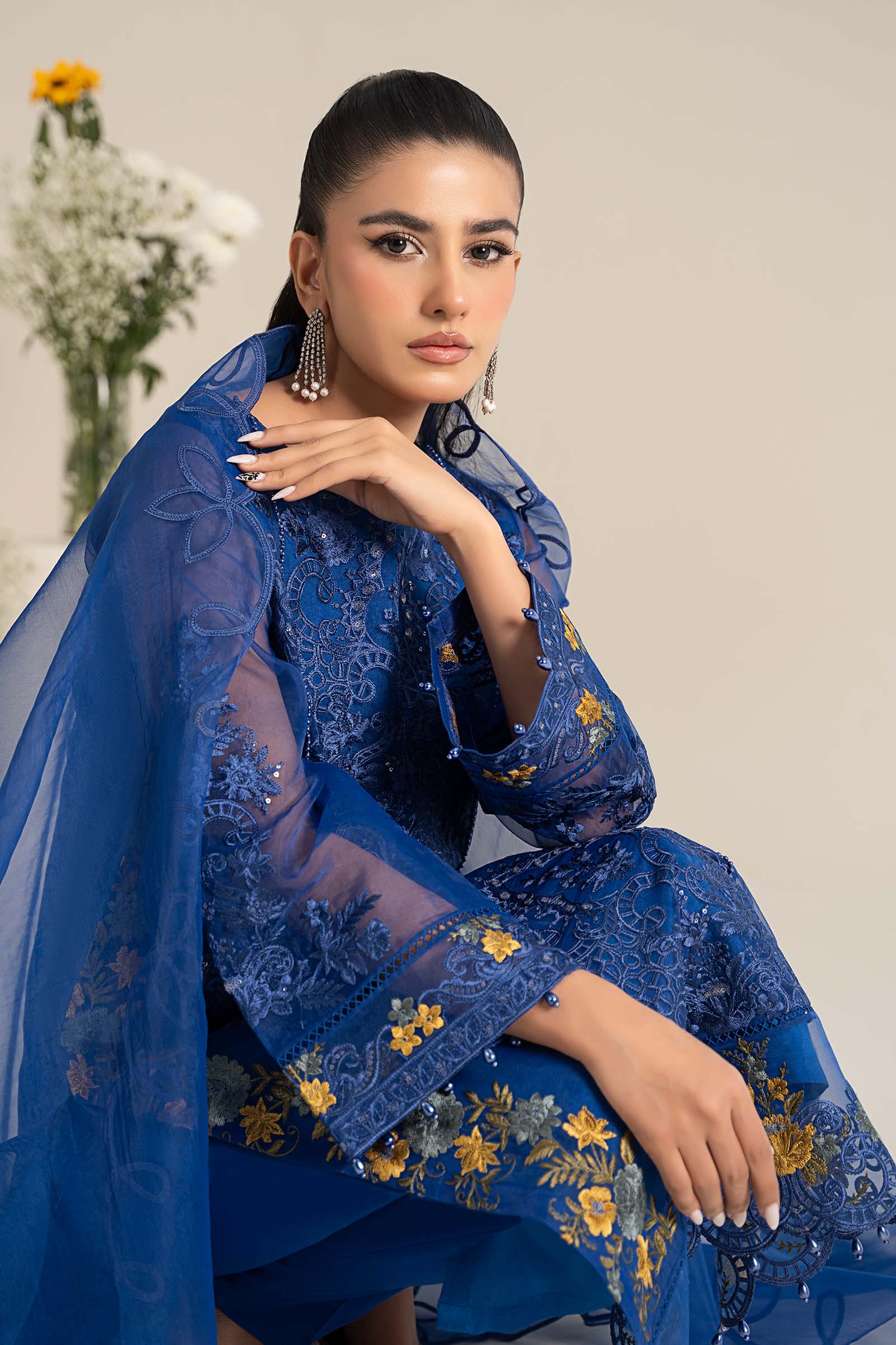 Pakistani Blue Embroidered Poly Organza 3-Piece Suit - Image 2