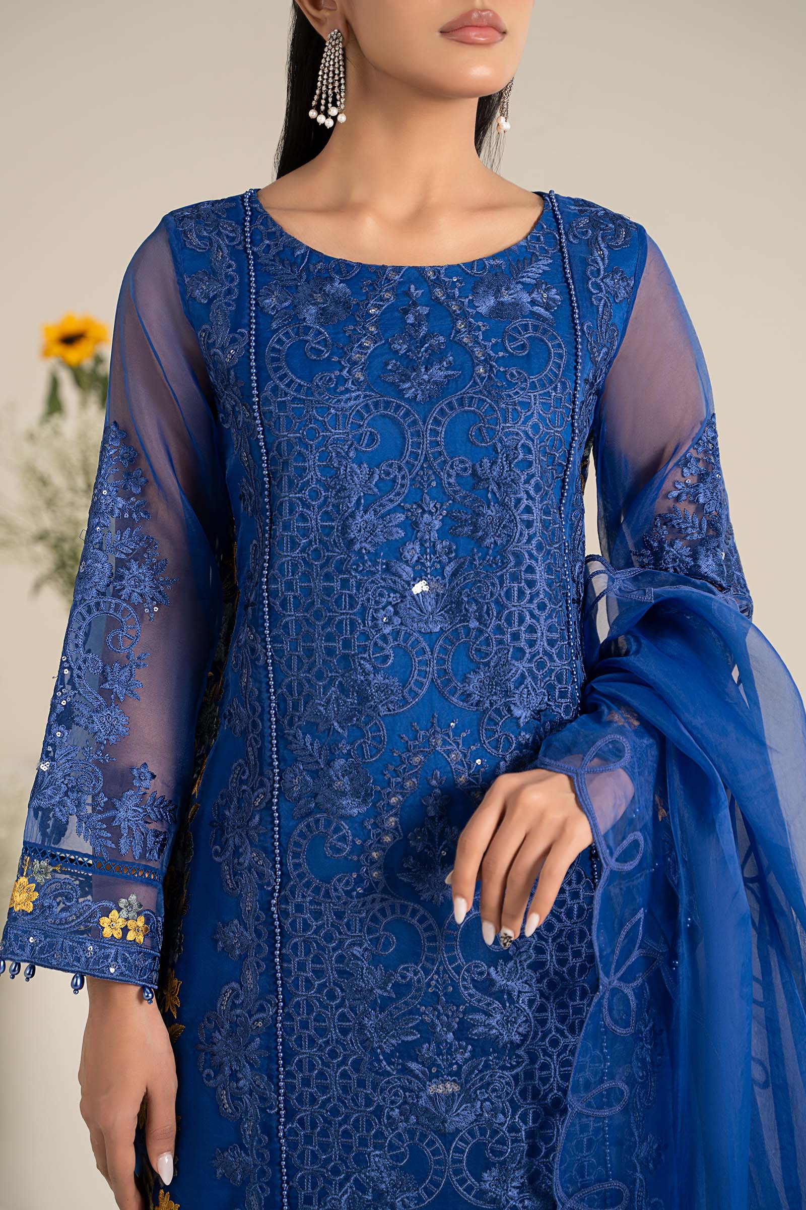 Pakistani Blue Embroidered Poly Organza 3-Piece Suit - Image 3