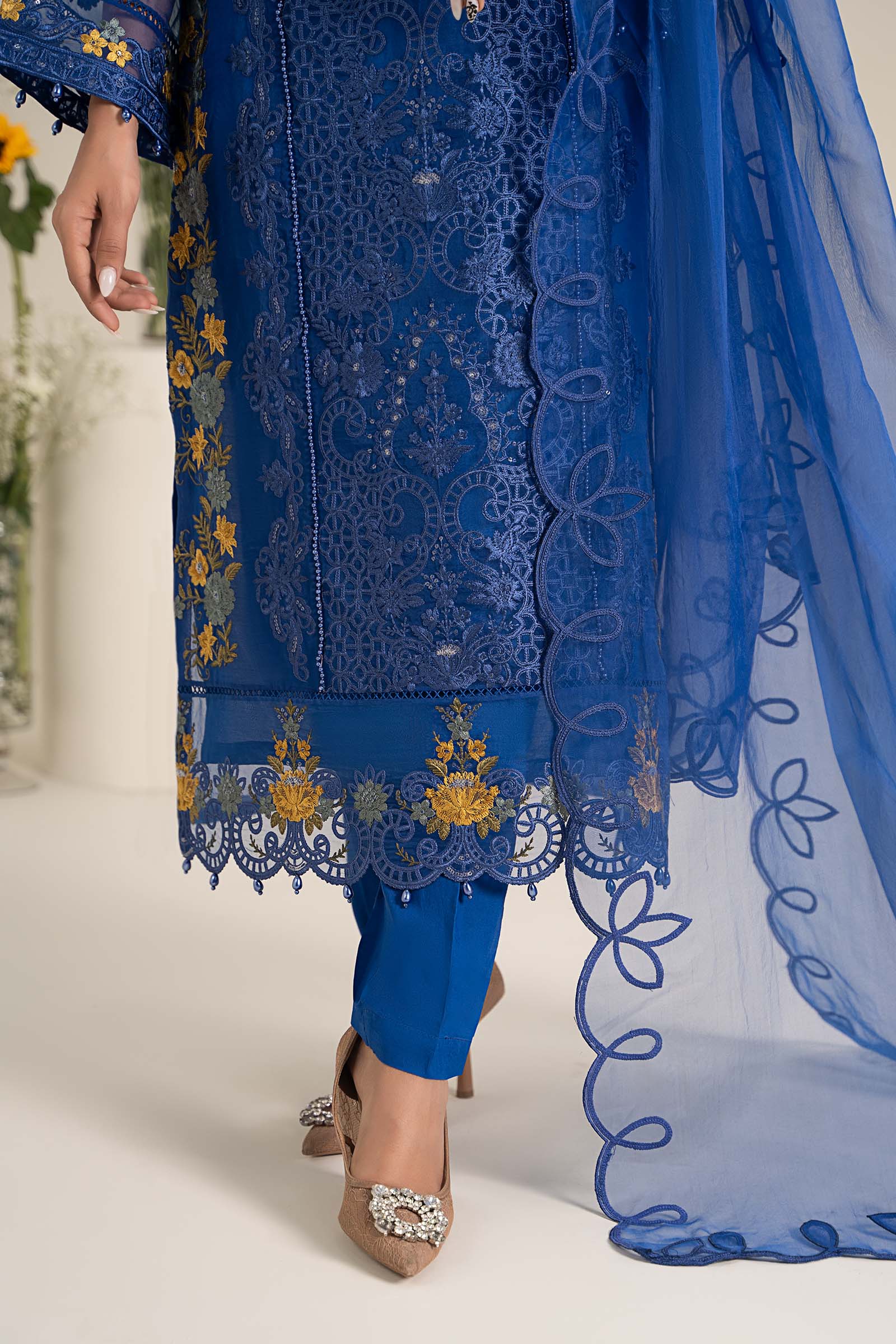 Pakistani Blue Embroidered Poly Organza 3-Piece Suit - Image 4