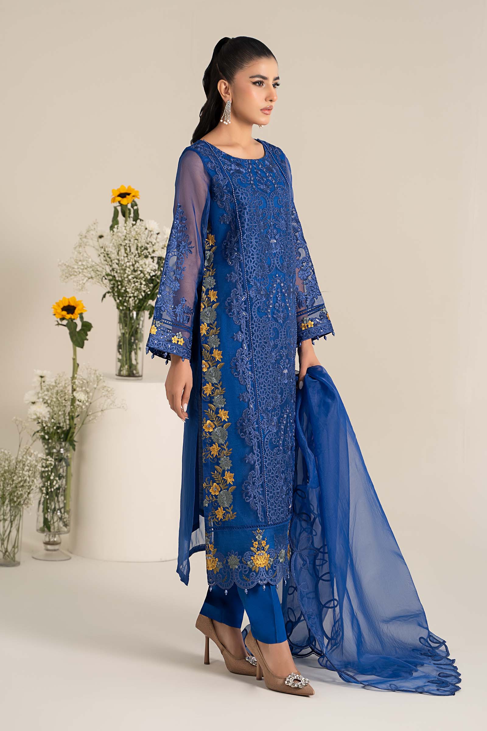 Pakistani Blue Embroidered Poly Organza 3-Piece Suit - Image 5
