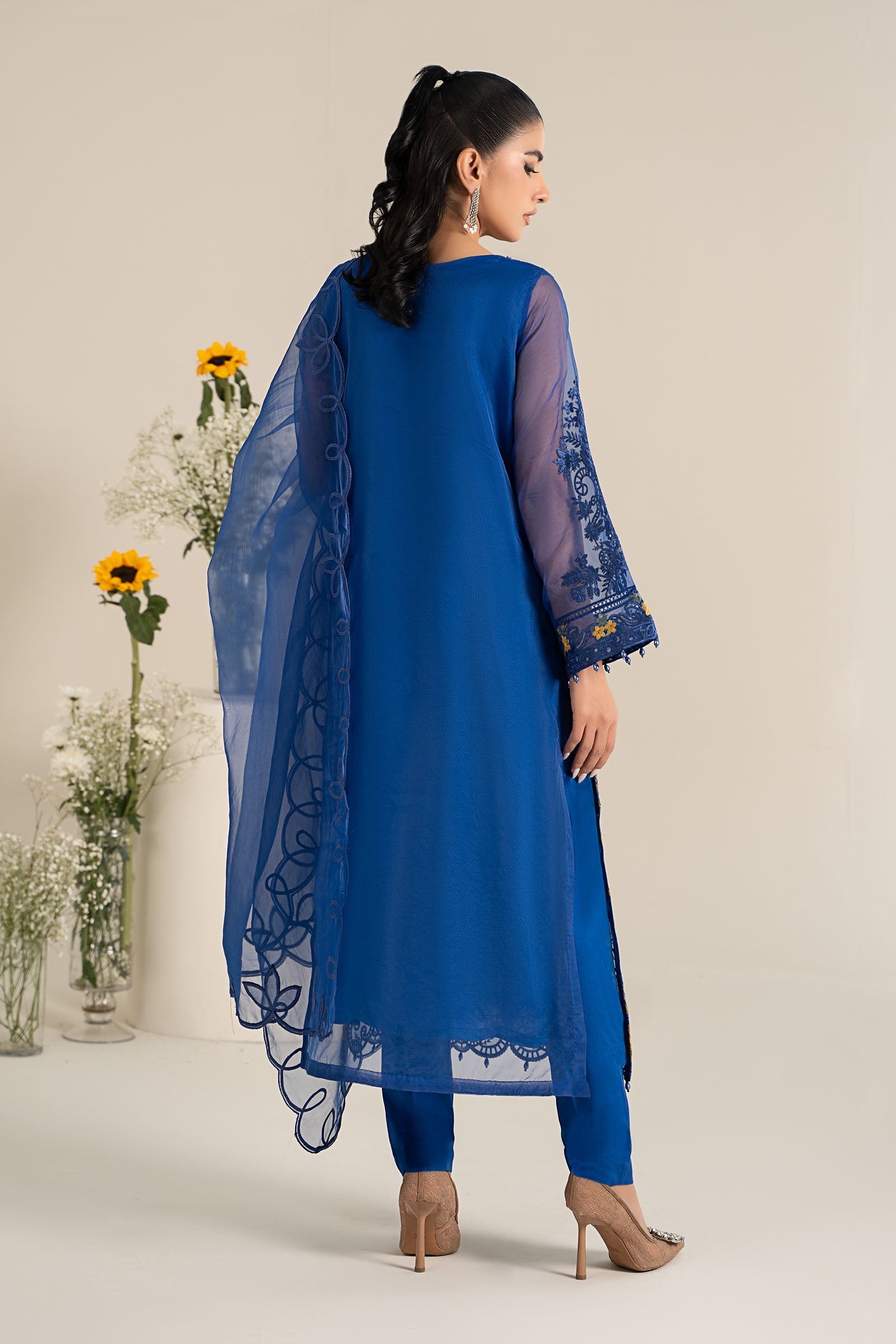 Pakistani Blue Embroidered Poly Organza 3-Piece Suit - Image 6