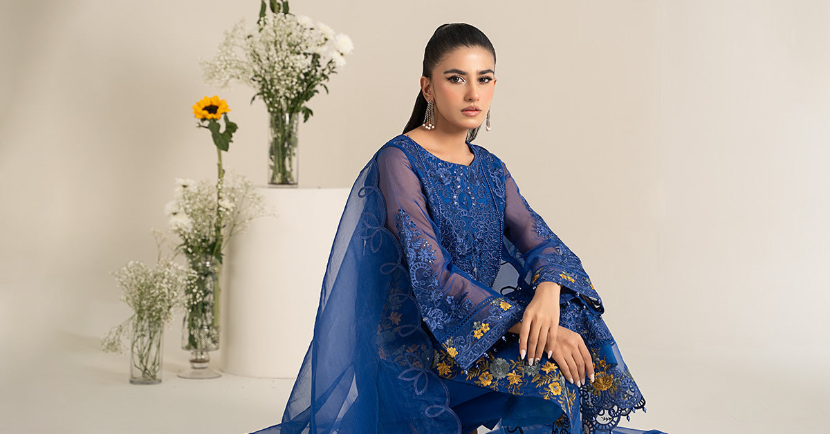 Pakistani Blue Embroidered Poly Organza 3-Piece Suit - Image 7