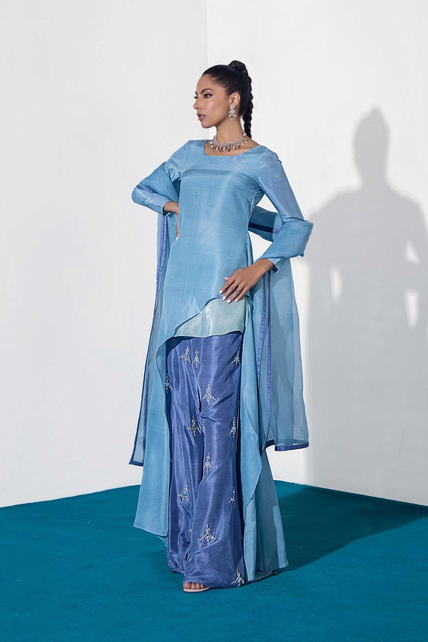 Powder Blue Jewelled Pure Silk Salwar Kameez (3-Piece) - Image 11