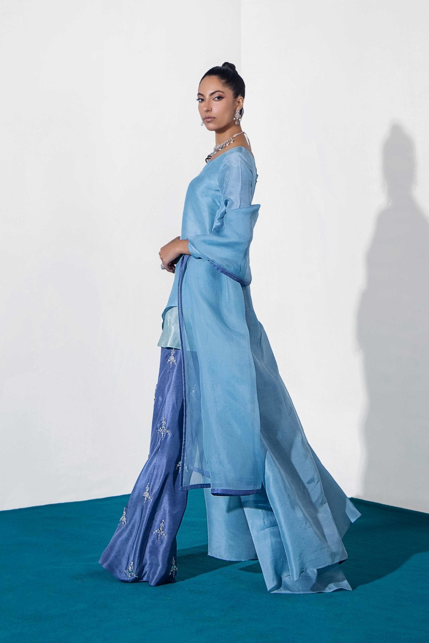 Powder Blue Jewelled Pure Silk Salwar Kameez (3-Piece) - Image 12