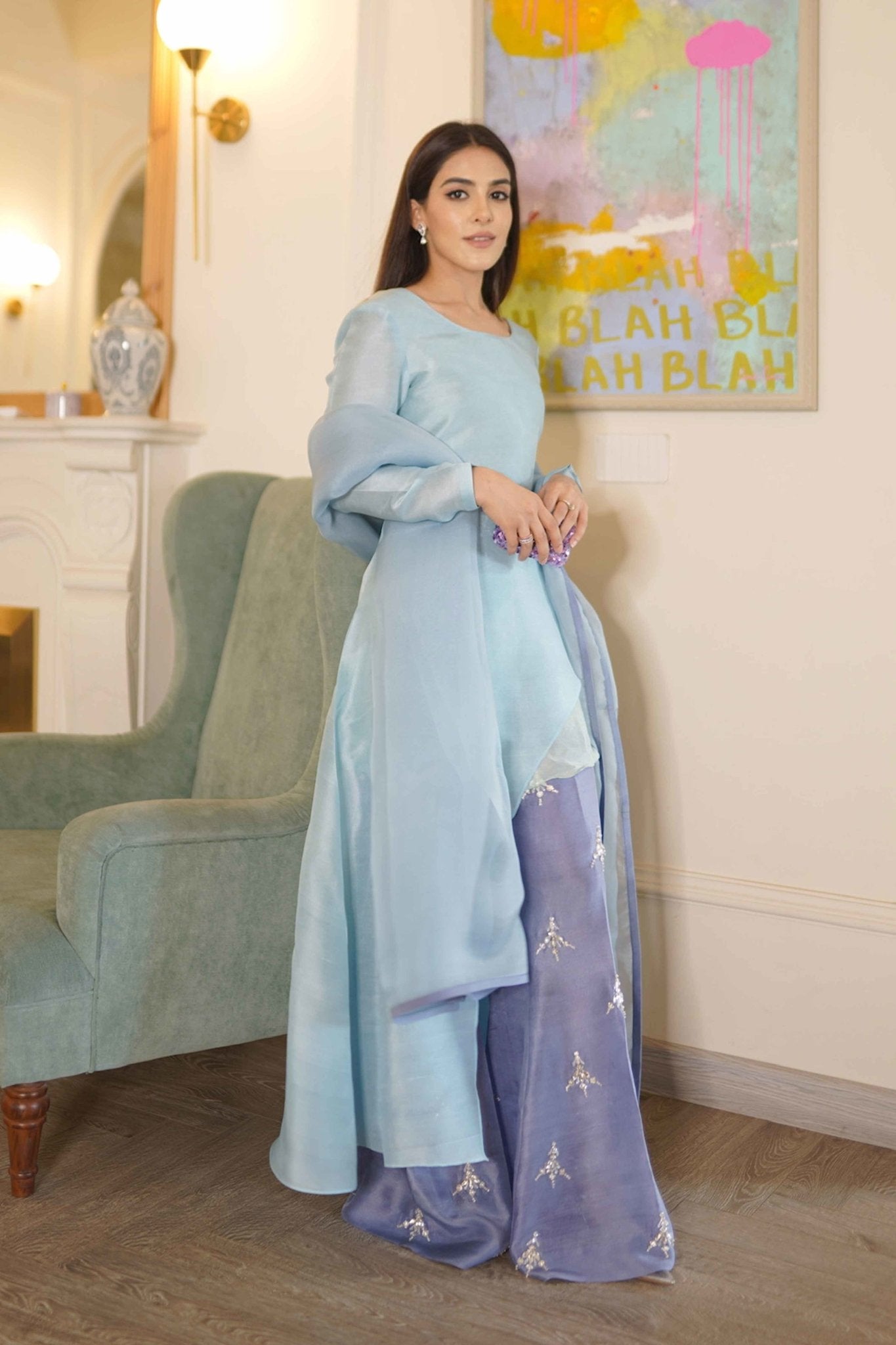 Powder Blue Jewelled Pure Silk Salwar Kameez (3-Piece) - Image 2