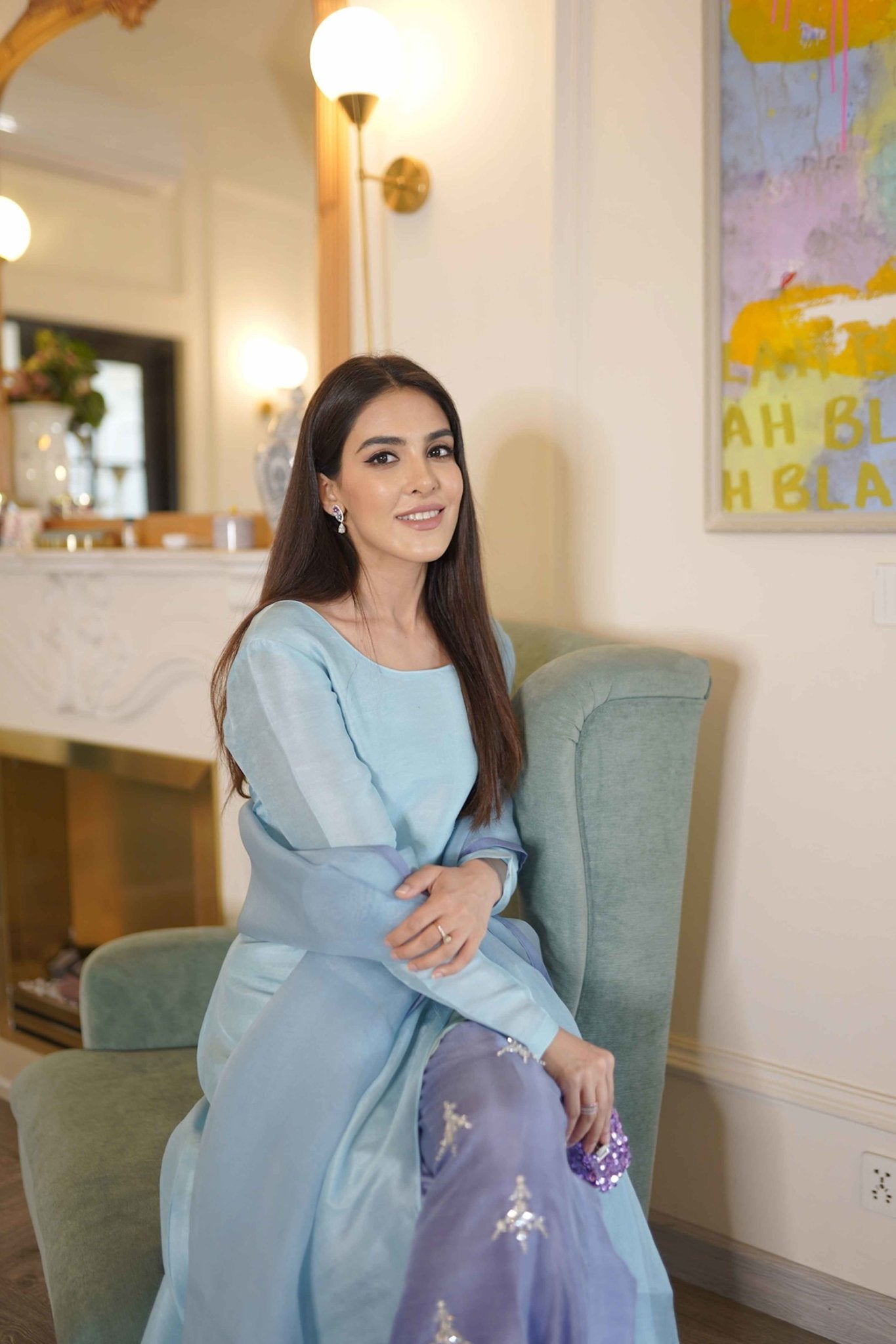 Powder Blue Jewelled Pure Silk Salwar Kameez (3-Piece) - Image 3