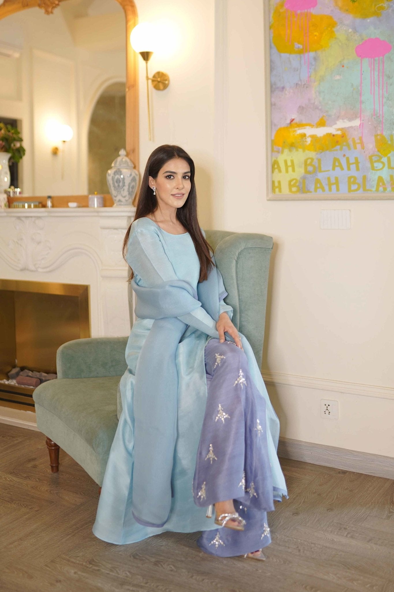 Powder Blue Jewelled Pure Silk Salwar Kameez (3-Piece) - Image 4