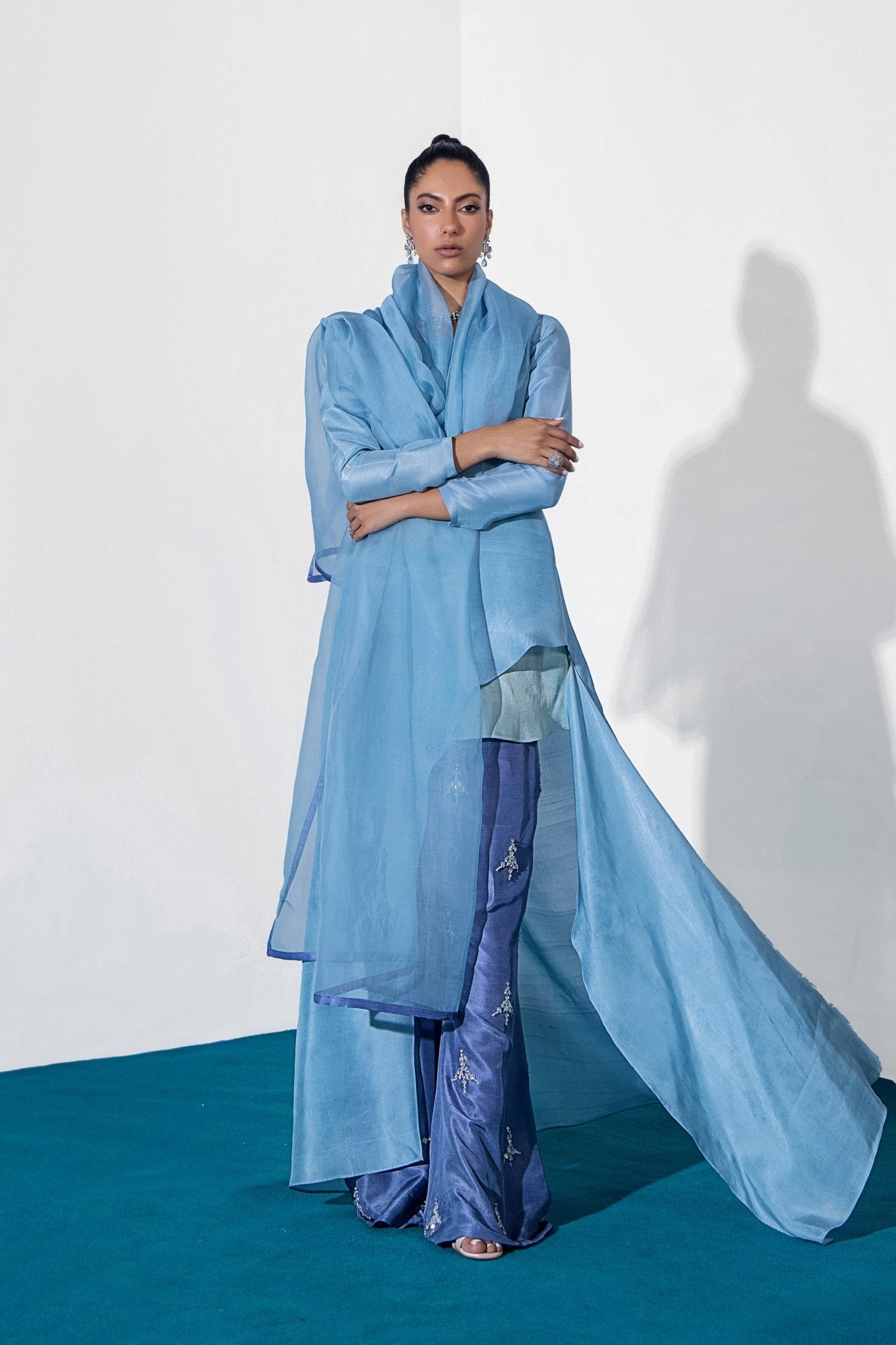 Powder Blue Jewelled Pure Silk Salwar Kameez (3-Piece) - Image 7