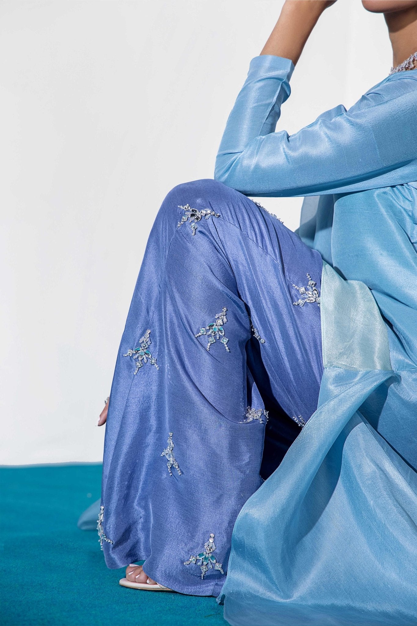 Powder Blue Jewelled Pure Silk Salwar Kameez (3-Piece) - Image 9