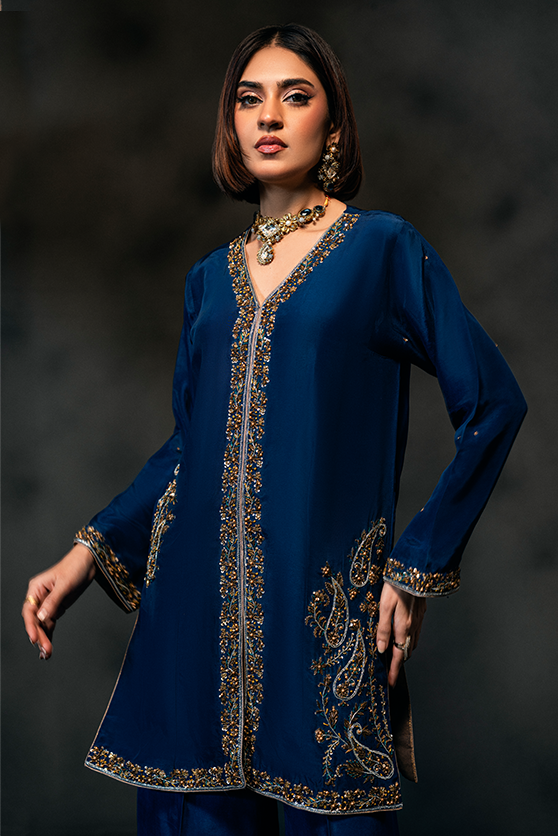 Deep Blue Embroidered Ramon Silk Salwar Kameez (2-Piece) - Image 1