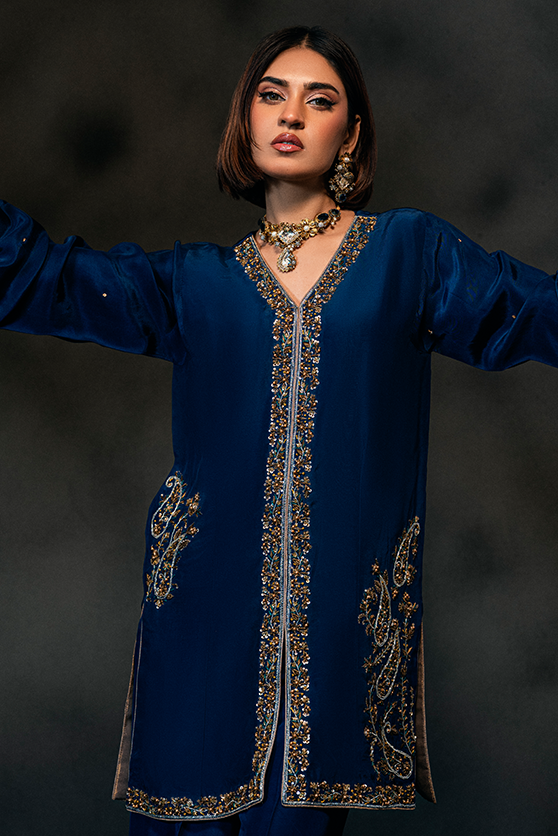 Deep Blue Embroidered Ramon Silk Salwar Kameez (2-Piece) - Image 2