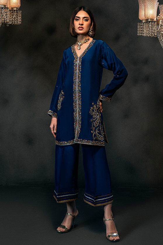 Deep Blue Embroidered Ramon Silk Salwar Kameez (2-Piece) - Image 3